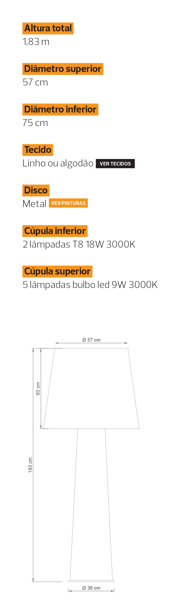 Especificações luminária Aurora Chão