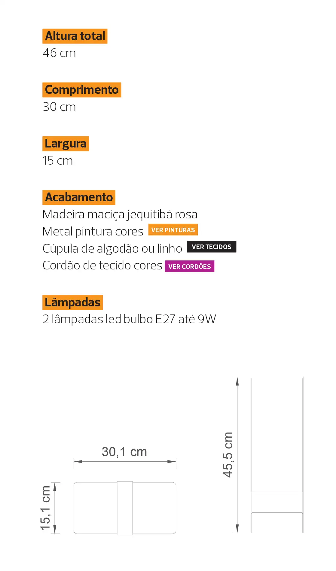 Especificações da luminária de mesa Elisée