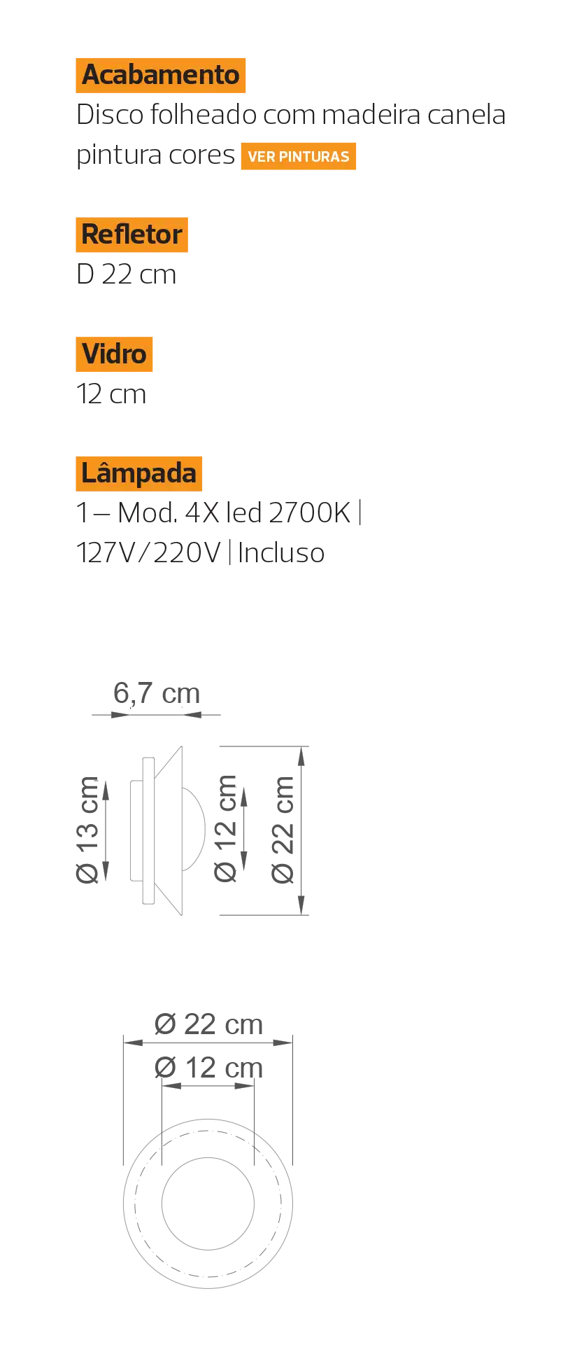Especificações e medidas da arandela Fillamento TRIO III Especificações e medidas da arandela Fillamento TRIO III