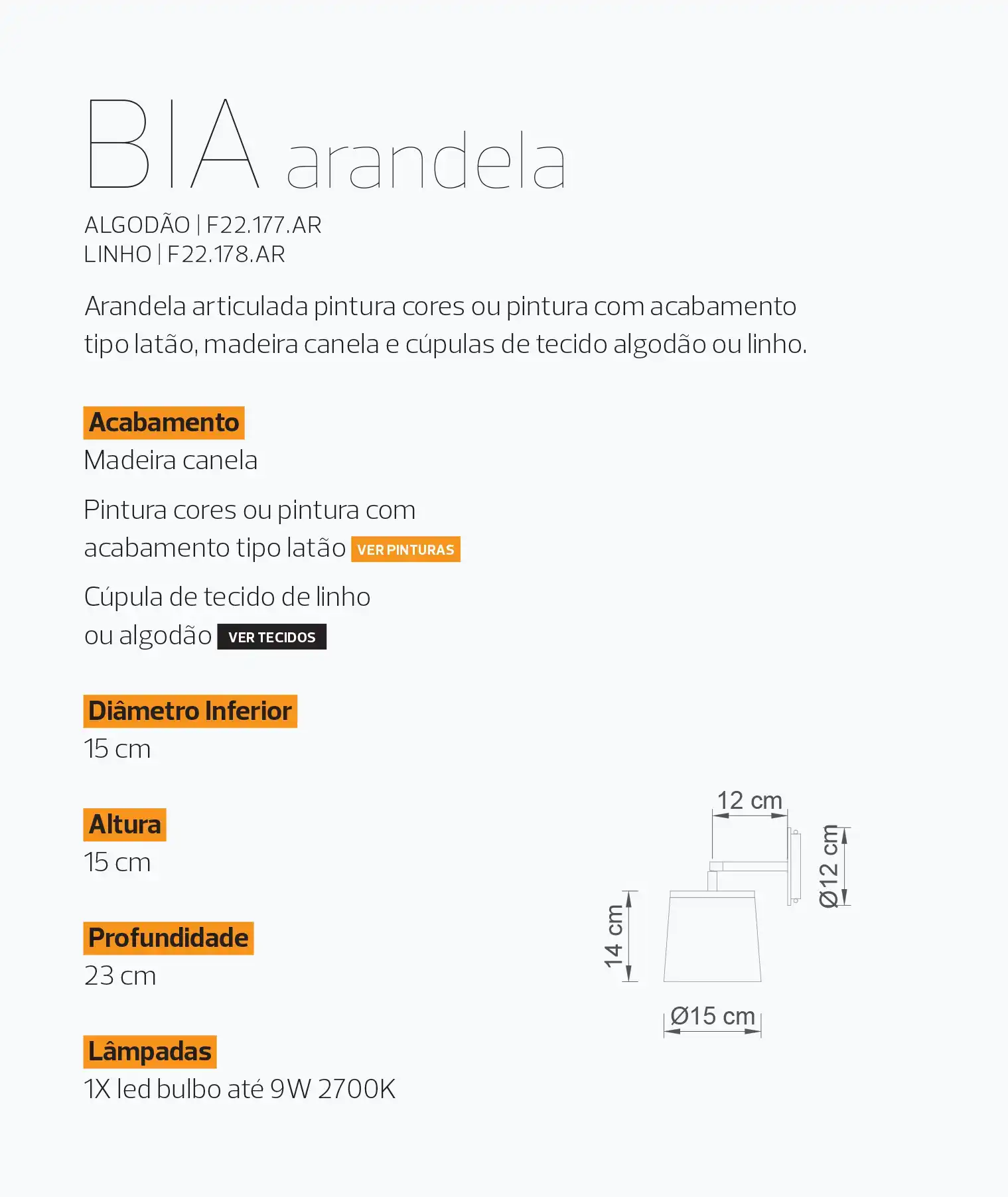 BIA arandela medidas e especificações